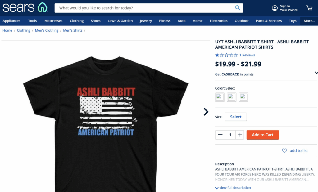 The Big Lie at the Big Box Store: Sears, Kmart Sold Shirts Proclaiming Insurrectionist Ashli Babbitt an 'American Patriot'