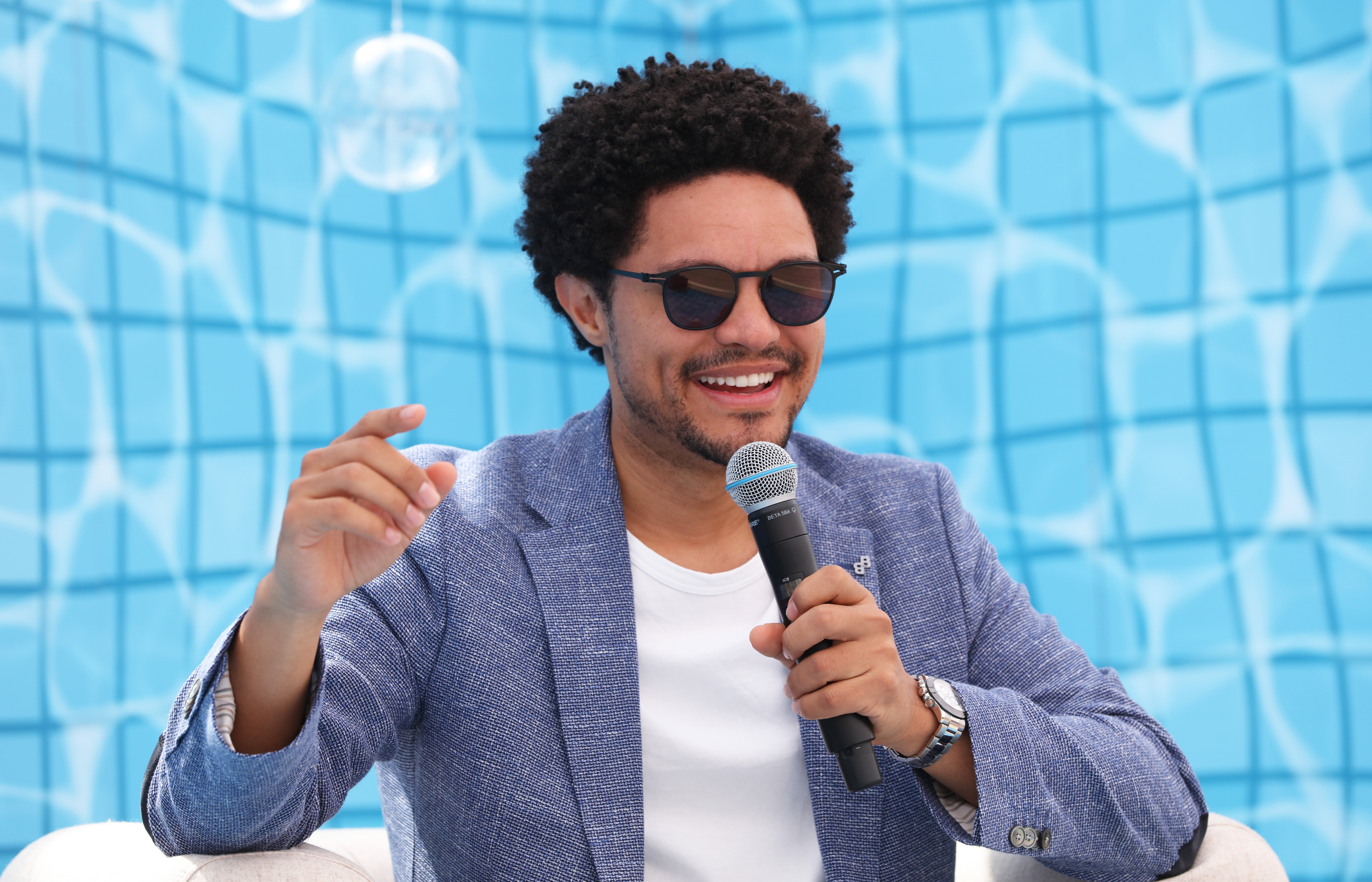 Spotify’s CEO and Co-Founder Daniel Ek joins author and comedian Trevor Noah to discuss the future of storytelling at Spotify Beach on June 20, 2023 in Cannes, France. Photo: Getty Images David M. Benett